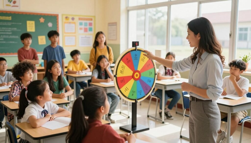 A colorful and engaging classroom scene featuring a diverse group of students eagerly participating in a random student selection process using a bright, visually appealing pick wheel. In the foreground, a teacher stands beside the pick wheel, pointing at it with enthusiasm, dressed in professional attire. The middle ground shows the students' varied expressions of anticipation and excitement, with some sitting at their desks and others standing. The background features colorful bulletin boards filled with educational materials and posters. Natural sunlight floods through large windows, creating a warm and inviting atmosphere. The overall mood is lively and inclusive, emphasizing fairness in classroom activities. Use a slight overhead angle to capture the dynamic interactions and the colorful pick wheel prominently.