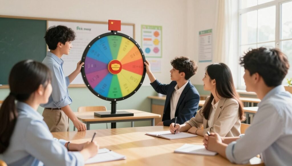 A vibrant classroom scene illustrating the concept of randomly selecting students. In the foreground, a diverse group of students—two boys and two girls—engaged in conversation, dressed in professional business attire or modest casual clothing. In the middle ground, a large, colorful Pick Wheel on a table, spinning with energetic motion, surrounded by enthusiasm. The background features educational posters on the walls and a bright window letting in warm sunlight, creating a lively and inviting atmosphere. The angle should be slightly elevated to capture both the wheel and the students. Aim for a cheerful mood that emphasizes fairness and excitement in classroom participation. The lighting is bright and natural, enhancing the overall uplifting vibe of the scene.